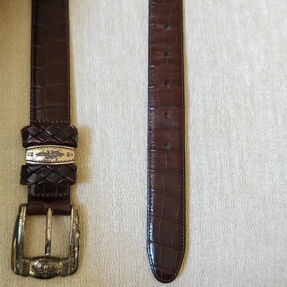 Brighton Croc Embossed Brown Leather Belt Silver Tone Buckle Size L